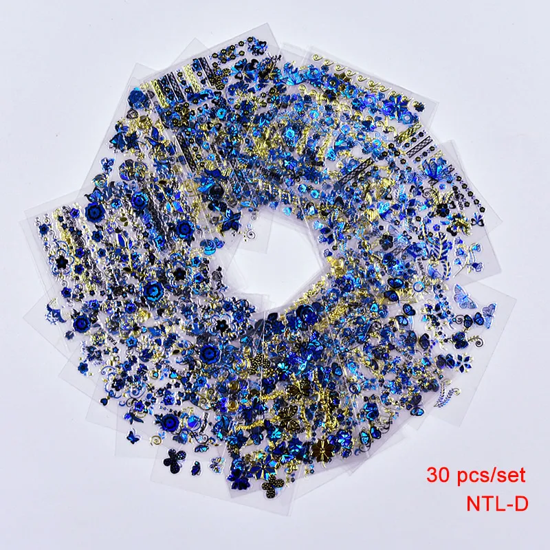 30Sheets 3D Gold Blue Decals Hot Stamping Nail Art Stickers Nail Art Design Bling Shinning Butterfly Self Adhesive Nail Tattoos,