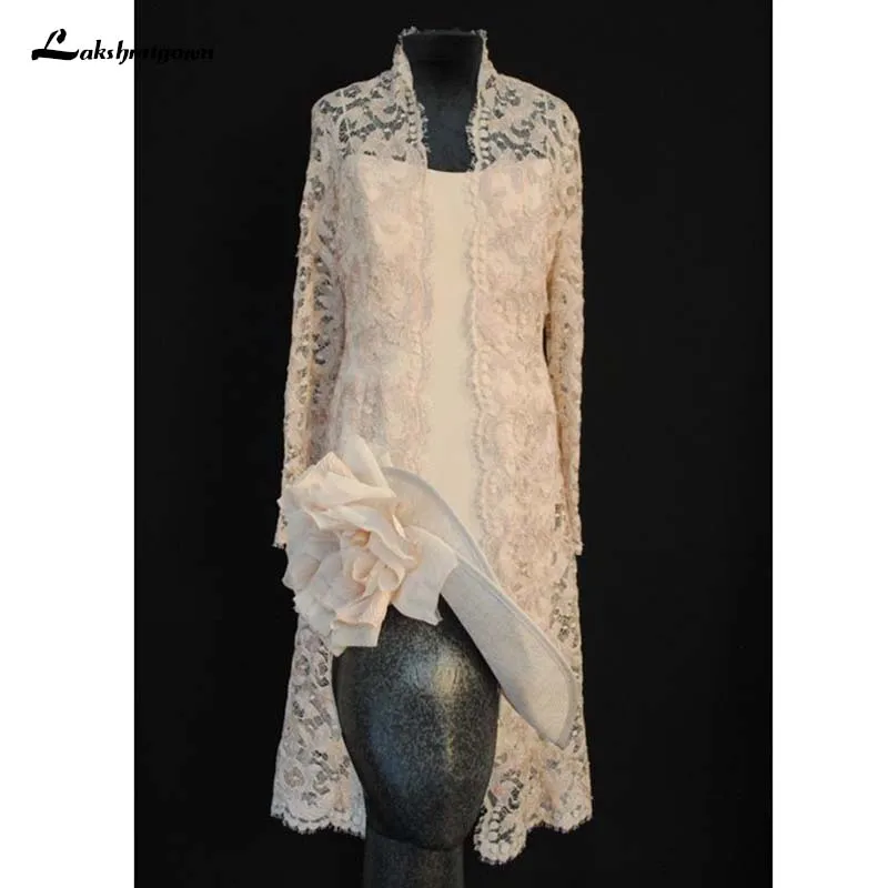 

Champagne Lace Mother Of the Bride Dress With Jacket Knee Length Groom Mother Dress Wedding Party Gowns without hat