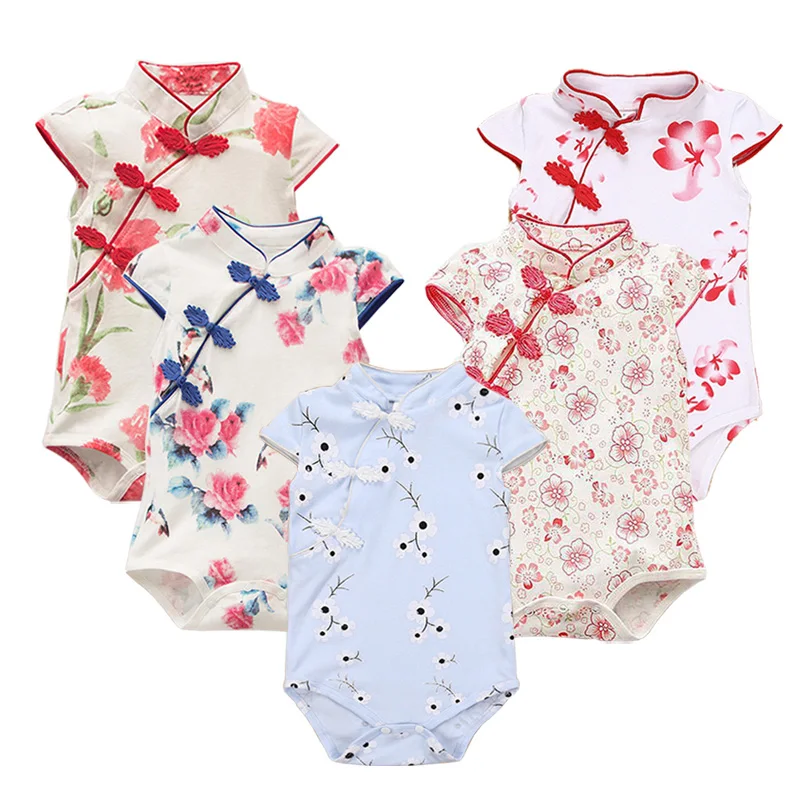 Estilo de verano ropa de bebé elegante mameluco niña mameluco Cheongsam traje de Bebe Floral impresión mono infantil recién nacido traje de bebé Estilo de verano ropa de bebé elegante mameluco niña mameluco Cheongsam traje de Bebe Floral impresión mono infantil recién nacido traje de bebé