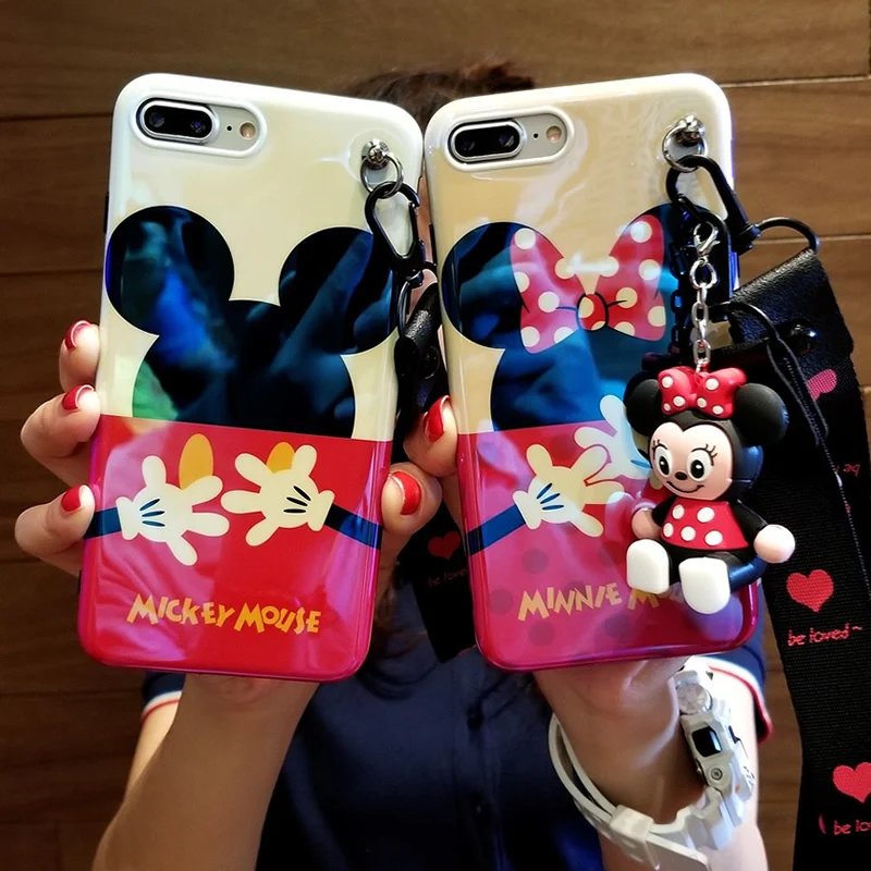 

For iPhone 7 7plus blue ray Cute mickey minnie case Cartoon case For iPhone X 8 8plus 6 6S 6SP phone cover +toy stander+Straps