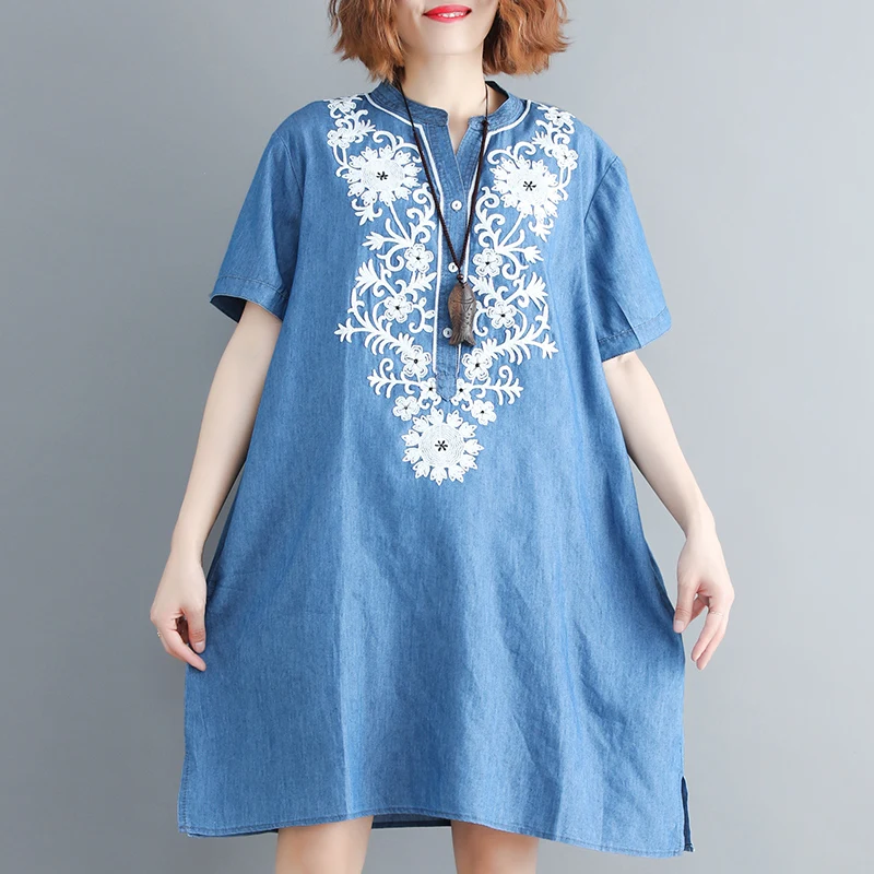 2019 Summer Women Oversize Demin Dress Elegant Vintage Short Sleeves Loose Casual Cowboy Dresses embroidery cotton Jeans Dress 2019 Summer Women Oversize Demin Dress Elegant Vintage Short Sleeves Loose Casual Cowboy Dresses embroidery cotton Jeans Dress