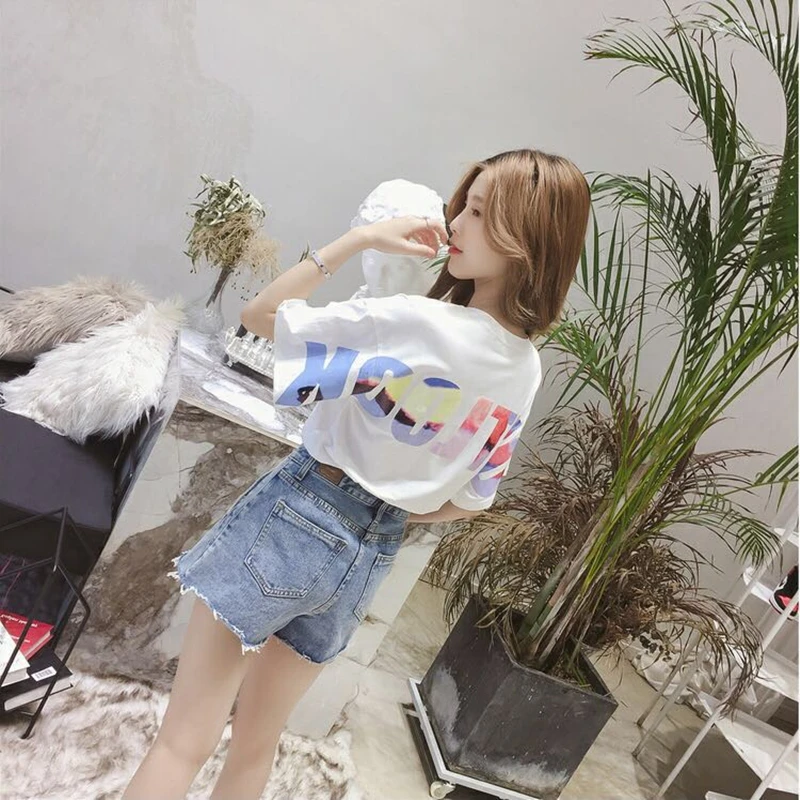 

Short sleeve women t-shirt tops tees summer girl harajuku plus size loose colorful letters leisure 2019 New Black White