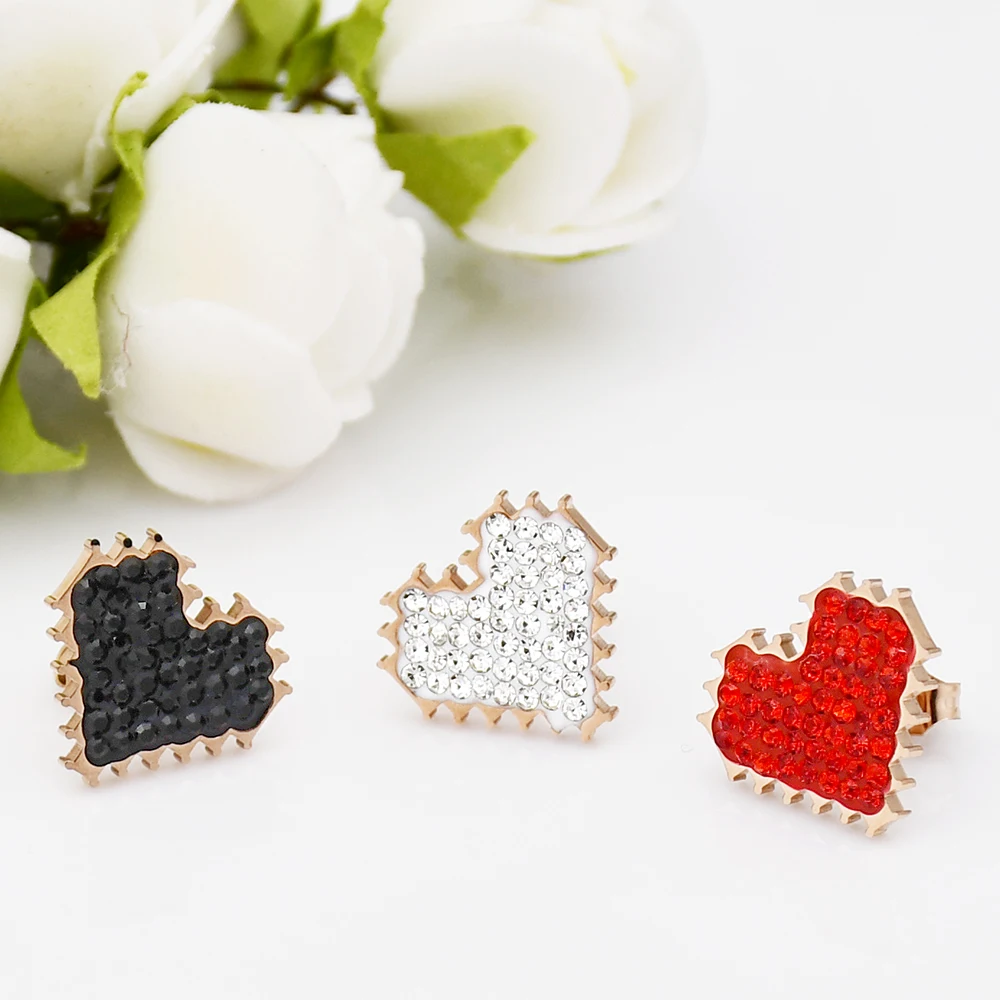 QLZBAO 3 Color Rose Gold New Fashion Zircon Jewelry Women Heart Stud Earrings Wholesale Stainless Steel For Womem | Украшения и