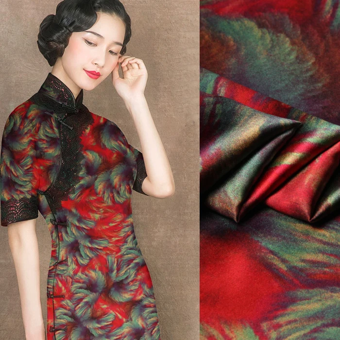 

118CM Wide 19MM 93% Silk & 7% Spandex Feather Print Red Stretch Silk Satin Fabric for Summer Dress Shirt Clothes Cheongsam D861