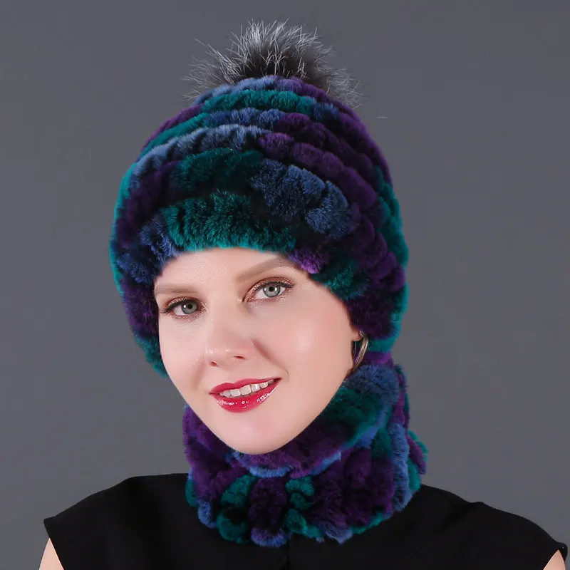 Новейшая эластичная вязаная шапка из меха кролика Рекс и воротники с лисьим помпоном, зимняя женская шапка из натурального меха, шапка и шарф - Цвет: color6