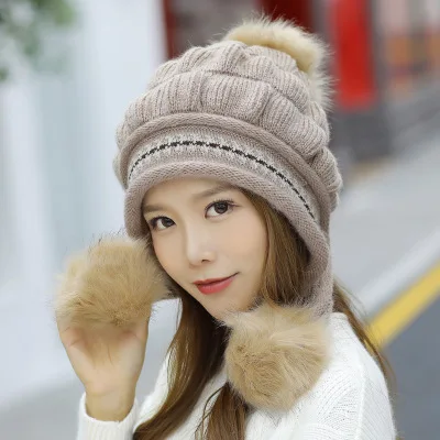 Женская зимняя вязаная шапка, повседневная, универсальная, милая, милая, кроличья шерсть, вязаная, женская шапка, зимняя, теплая, вязаная шапка+ перчатки - Цвет: khaki Hat