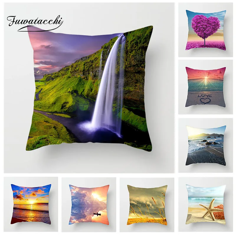 

Fuwatacchi Scenic Cushion Cover Sunrise Sunset Waterfall Seaside Pillow Cover Decor Home Sofa Car Chair Decorative Pillowcases
