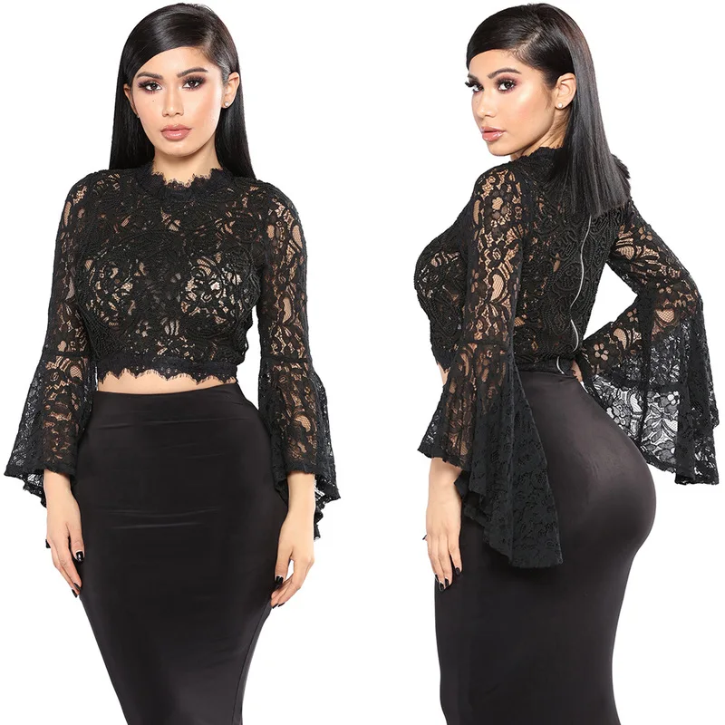 

New arrival European and American embroidery lace women s wear short long sleeve hollow T shirt0224