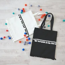 Зашнуровал хлопка холщовой сумка черный, белый цвет кисточкой zt111