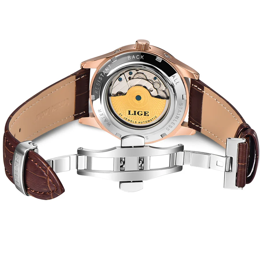 Relojes de Hombre de marca LIGE reloj mecánico automático reloj deportivo Tourbillon cuero Casual negocios Retro reloj de pulsera Hombre - 4