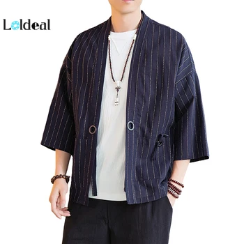 

LOLDEAL Loose Linen Han Men Cotton and Linen Jacket Chinese Style Retro Robes Kimono Cardigan Sunscreen Tide