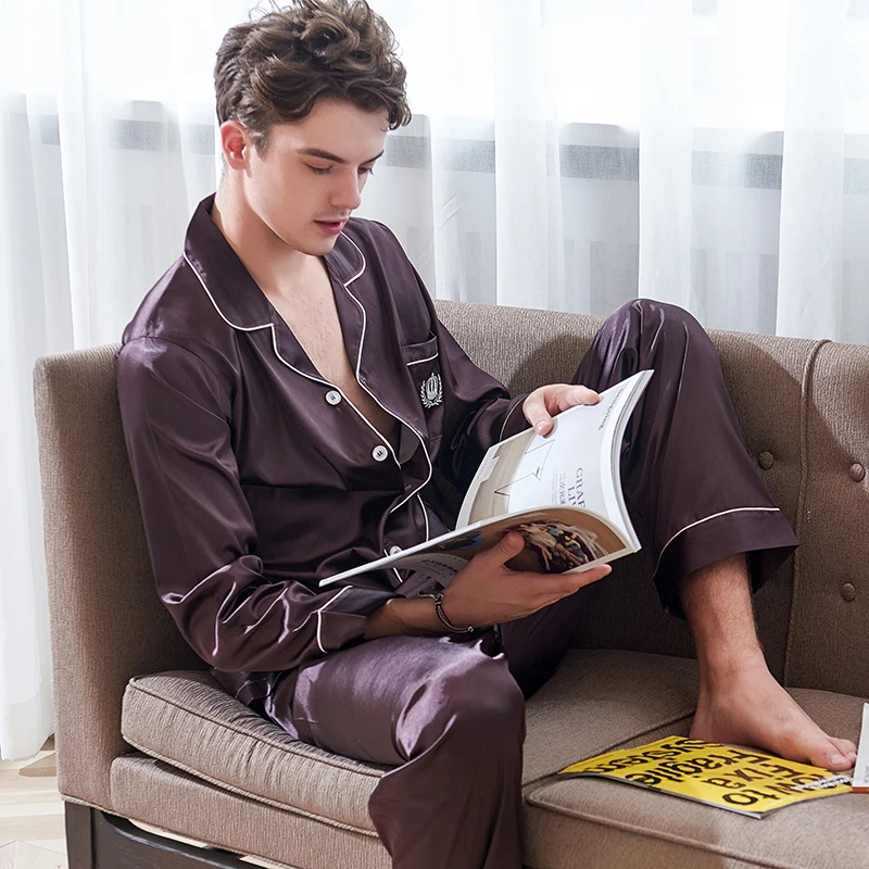 Faux Silk Pajamas Male 2020 Autumn New Silky Ice Silk Sleepwear Man Long-Sleeve Dark Coffee Pajama Sets X9003