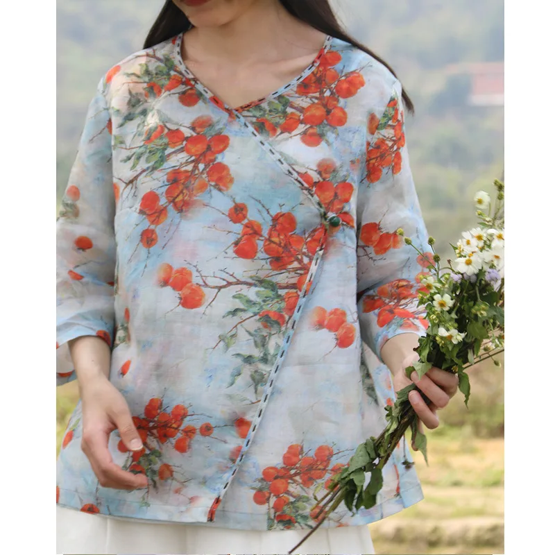 

Summer New Red Persimmon Print Three Quarter Sleeve Pure Ramie Linen Shirt Unique Digital Patterned High Quality Lady Top Shirts