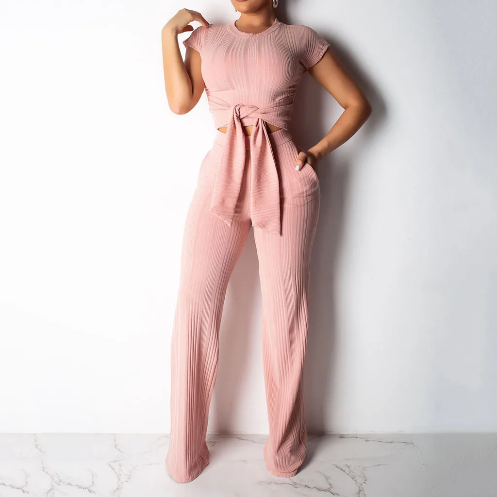 

Summer Women's Suit Sexy Two Piece Set Short Sleeve Solid Navel Exposed Sets Long Pants With Bow Fashion Suit ensemble femme