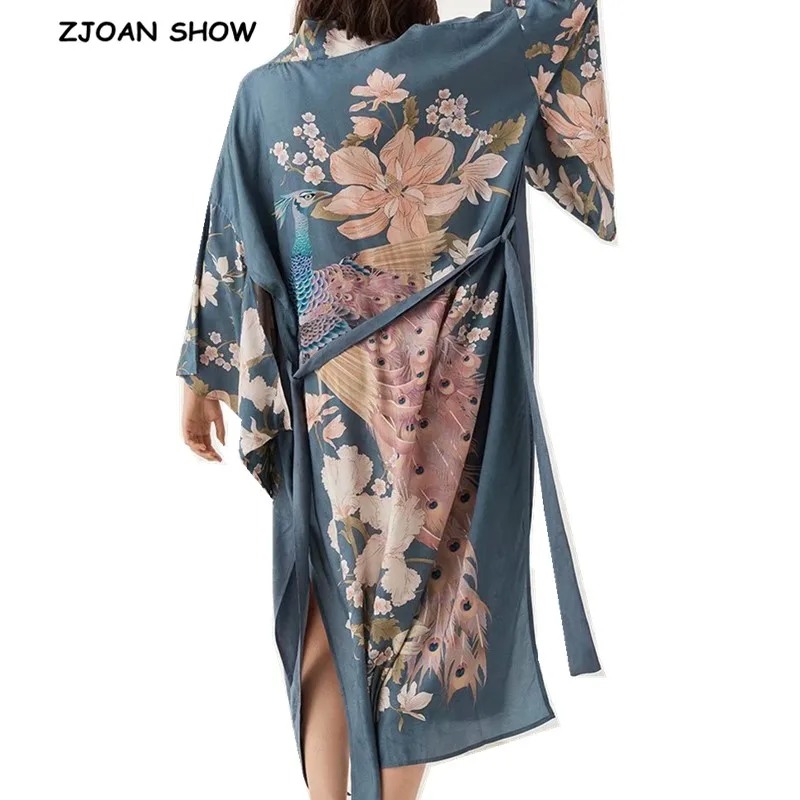 Женское кимоно на поясе, длинная просторная блуза с цветочным принтом «павлин» и V-оразным вырезом, рубашка в этно-стиле на завязках, кардиган свободного кроя