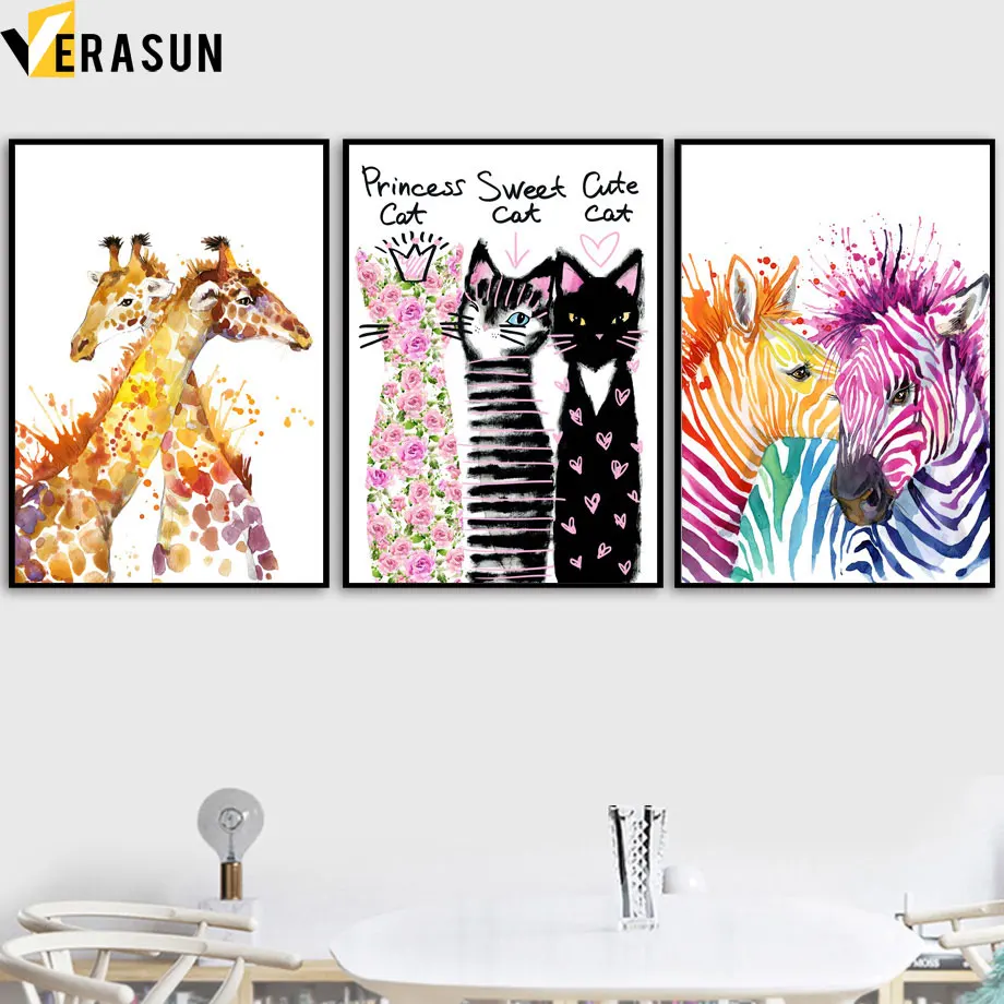 

Watercolor Zebra Giraffe Cat Flower Nordic Posters And Prints Wall Art Canvas Painting Wall Pictures For Living Room Home Decor