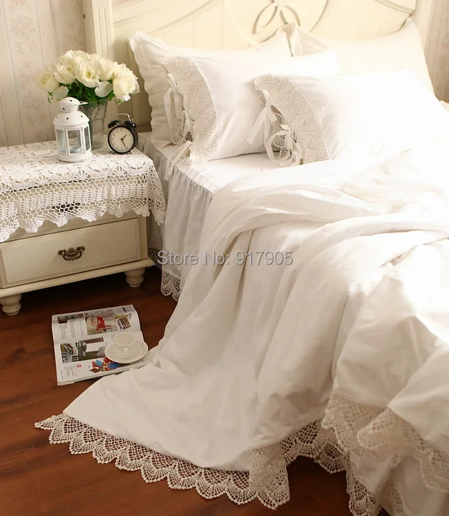Romantic Luxury White Satin Ruffle Bedding Sets,Elegant White Lace