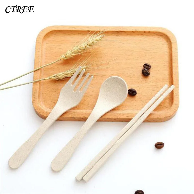 

CTREE 1Set Fashion Dinnerware Cute Portable Travel Adult Wheat Straw Fork Camping Picnic Set Gift for Child Dinnerware Sets C423
