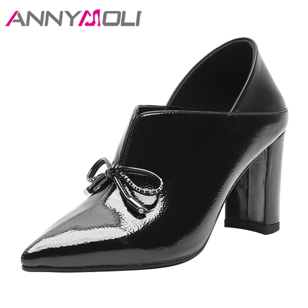 

ANNYMOLI High Heels Women Pumps Bow Chunky High Heels Shoes Fashion Pointed Toe Office Ladies Shoes Spring Black Plus Size 33-43