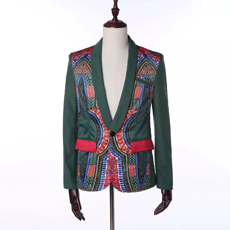 Модные мужские африканские Дашики этнический Цветочный Принт блейзер Пальто Анкара тонкий зеленый один на пуговицах, с разрезом карман