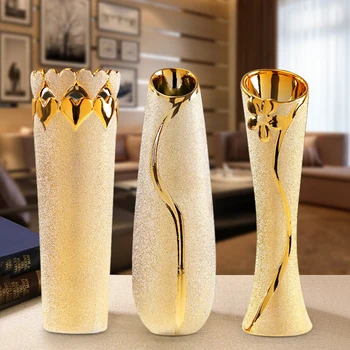 

Free Shipping Fashion Modern Style golden Ceramic Tabletop Flower vase for Wedding gift Home Decoration Accessories crafts
