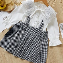 Bear Leader Cute Girls Dress New Spring England Lace Long Sleeve Shirt+ Plaid Strap Dress for Princesss Clothes 3-7 Years