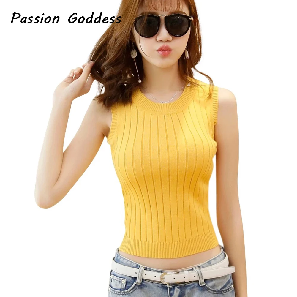 10 Colors Sexy Women Knitted Tanks High Collar Sleeveless Cute Crop Tops Camisas Mujer Elastic Tights