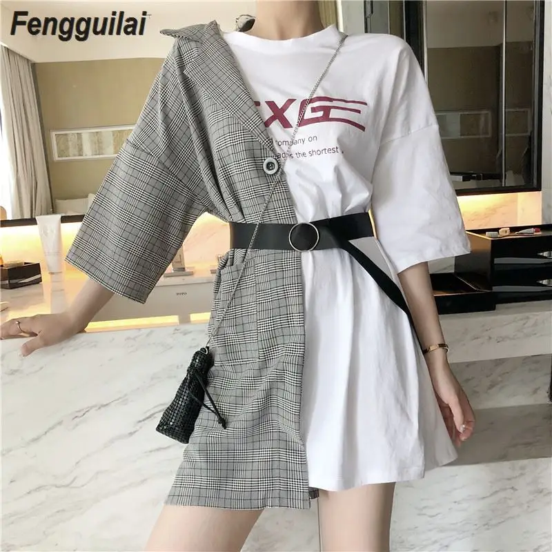 

Ins Lattice Stitching Fake Two Piece Letter Dress Women&#39s Clothes Japan Kawaii Retro Female Korean Harajuku Dresses For Women