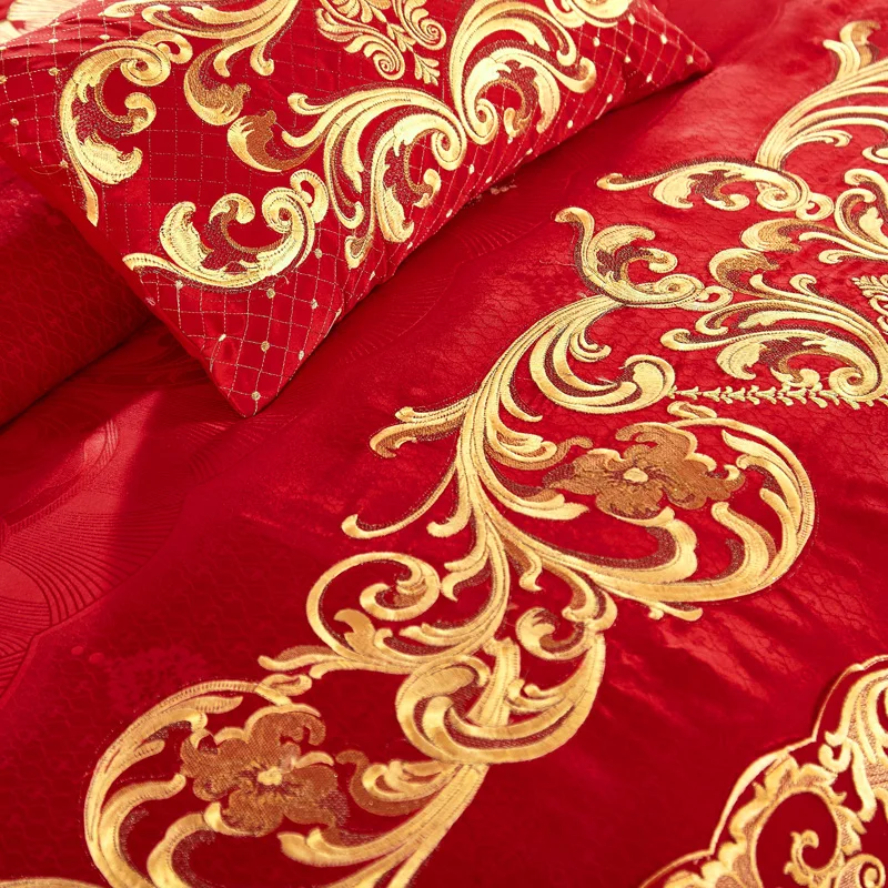 Красный роскошный сатин-жаккард, постельных комплектов золотые кружева вышивка набор кровать двуспальная Королева Король Размер
