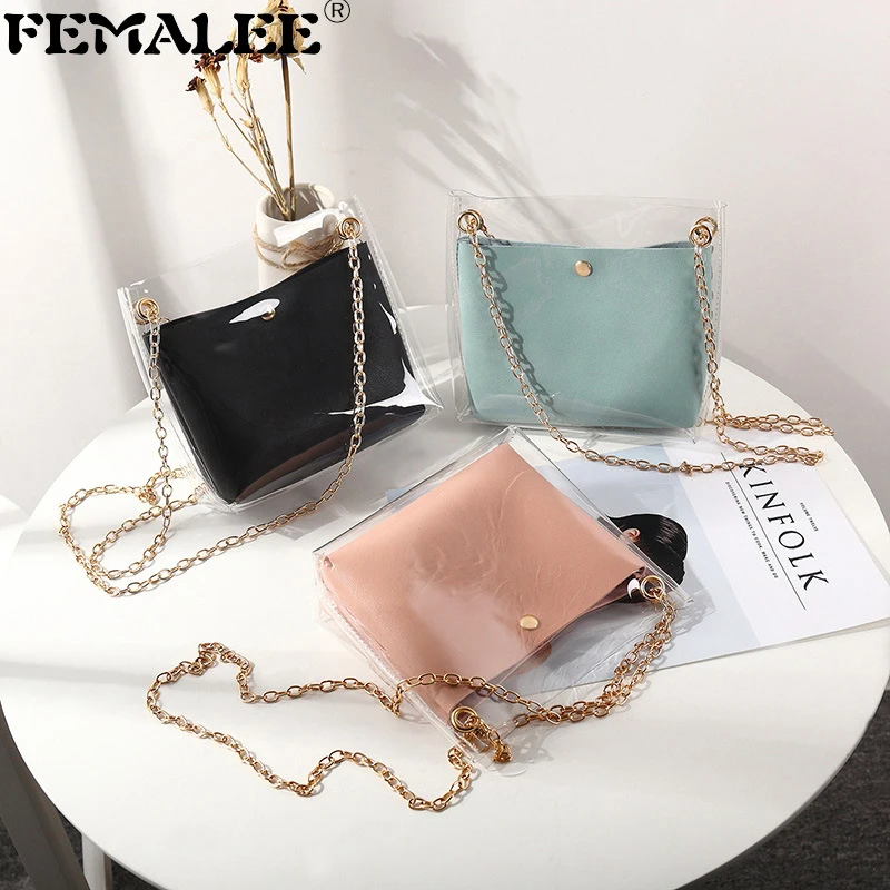 

Jelly Transparent Bucket Bag Clear PVC Small Women Shoulder Bag Female Chain Crossbody 2 Sets Messenger Bags 2019 Design Handbag