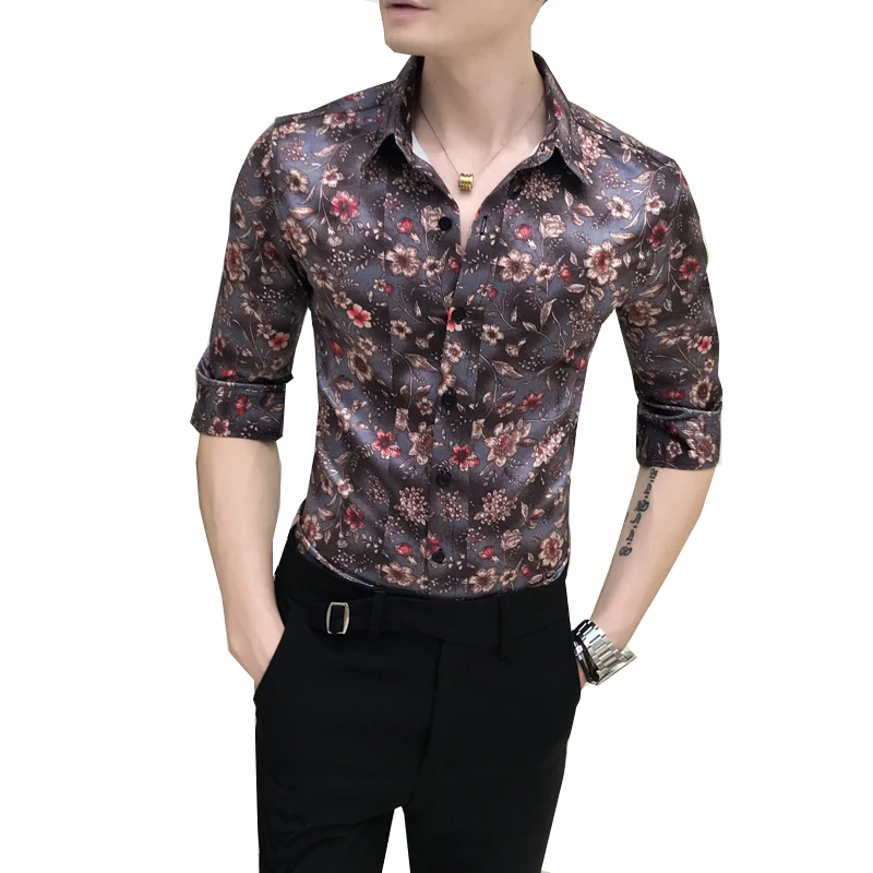 

Hair stylist men's retro flower shirt personality trend Japanese Korean version of the self-cultivation seven-point sleeve shirt