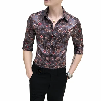 

Hair stylist men's retro flower shirt personality trend Japanese Korean version of the self-cultivation seven-point sleeve shirt