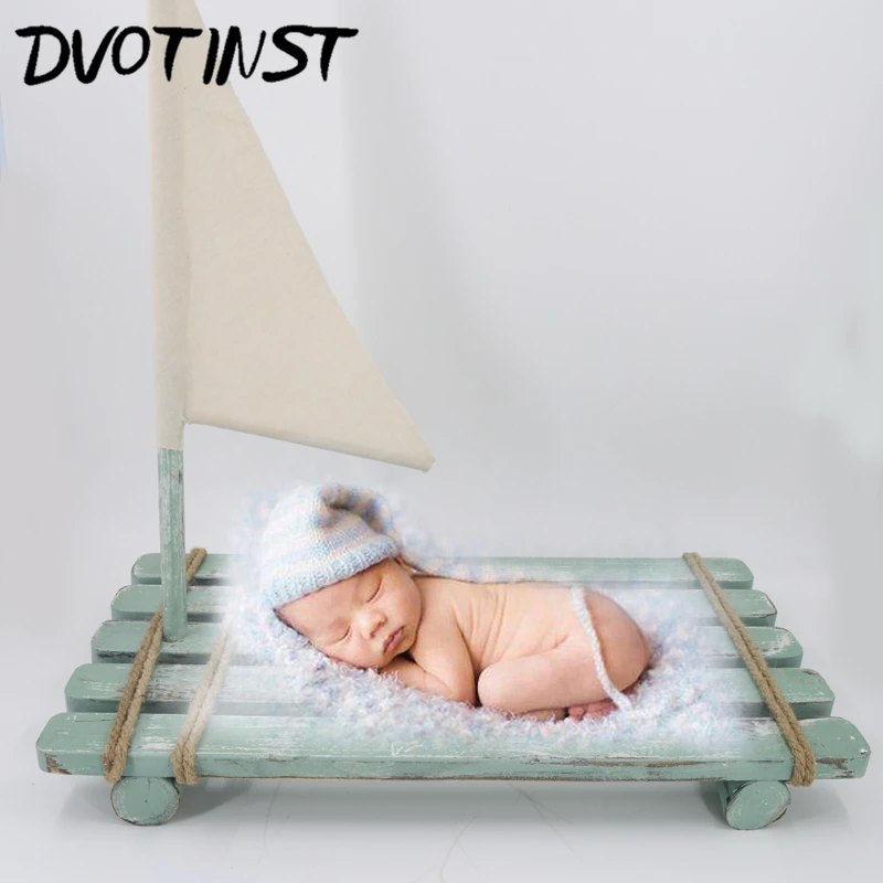 Dvotinst Newborn Baby Photography Props Wooden Bed Flag Sailboat