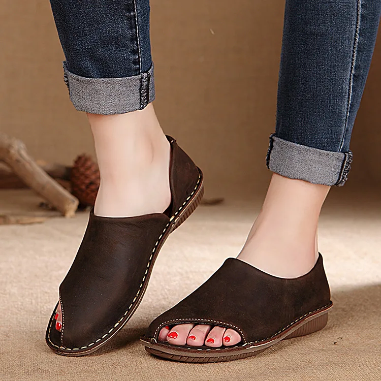 Tyawkiho Genuine Leather Women Sandals Flat Heels Summer Shoes Slip On 2018 Retro Lazy Shoe Women Casual Leather Sandal Handmade