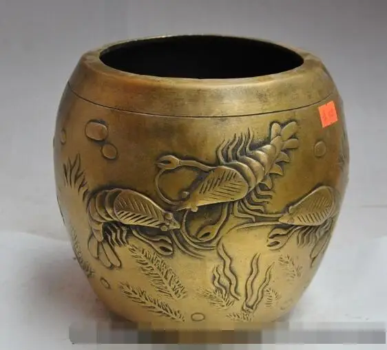 

S2745 7"marked chinese fengshui bronze Shrimp Prawns statue Tanks Crock Bottle Pot Jar