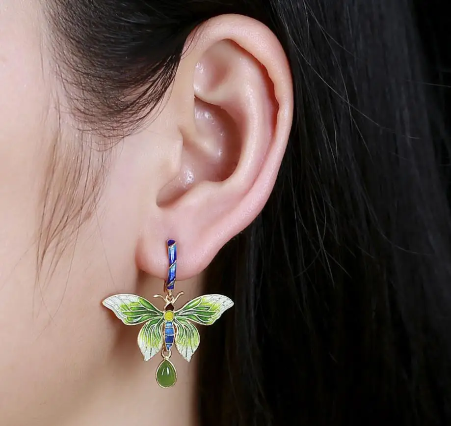 

Fashion Jewelry Cloisonne Hand Made 925 Solid Silver Natural Butterfly Woman Precious Stone Cute Romantic Dangle Earrings