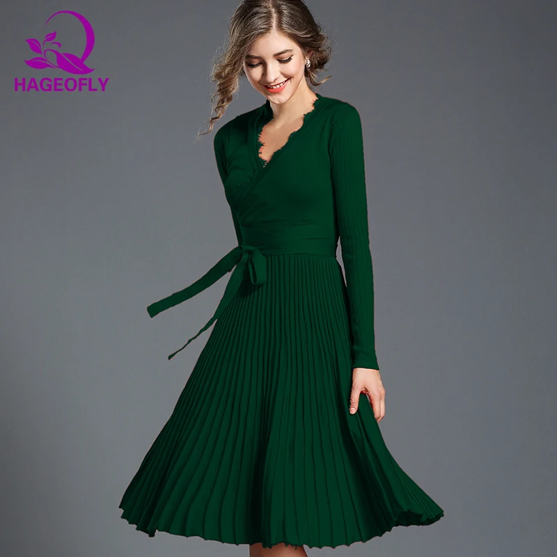 HAGEOFLY, осеннее платье, оранжевое, зеленое, красное, с длинным рукавом, женское платье, до колена, элегантное, плиссированное, вязанное платье, вечерние платья, платья - Цвет: green