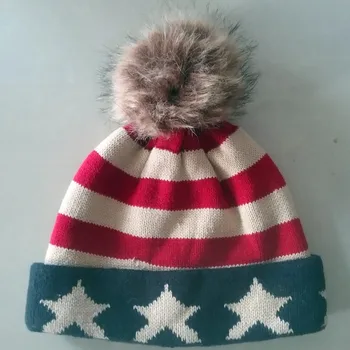 

American flag Pentagram thick Cashmere jacquard Wind Hats Knitting Cap Winter Warm Ear protection Fleece Lining Beanies with Pom