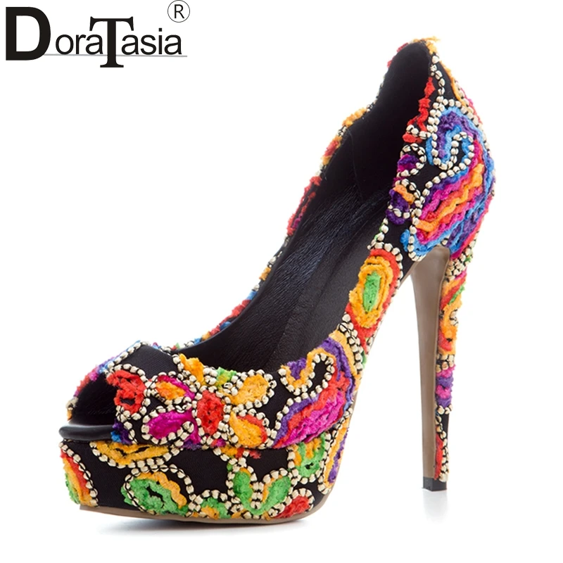 

DoraTasia 2017 Large Size 33-43 Colorful Ethnic Style Thin High Heels Women Pumps Platform Elegant Leisure Shoes Embroidery