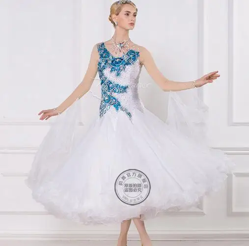 

Белое платье с синими цветами, стандартное современное бальное платье для соревнований, для вальса, танго, лисы, трота
