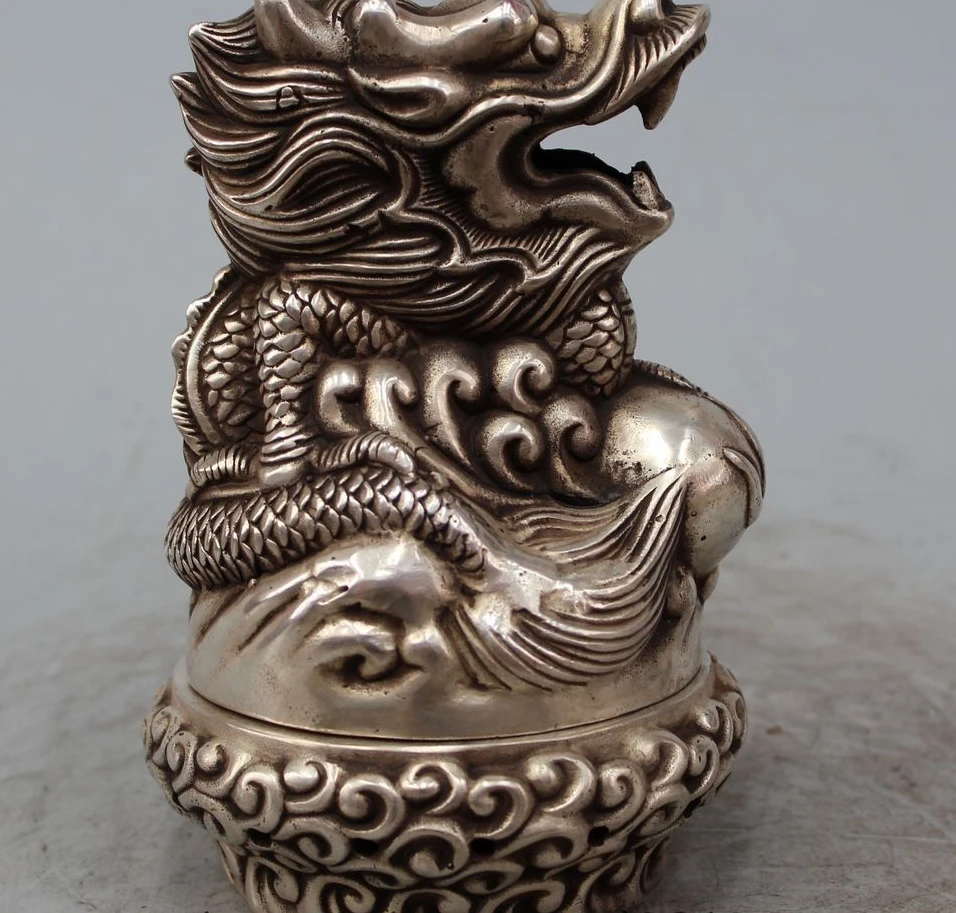 

7" Marked China Chinese Dynasty Silver Dragon Statue Incense Burner Censer