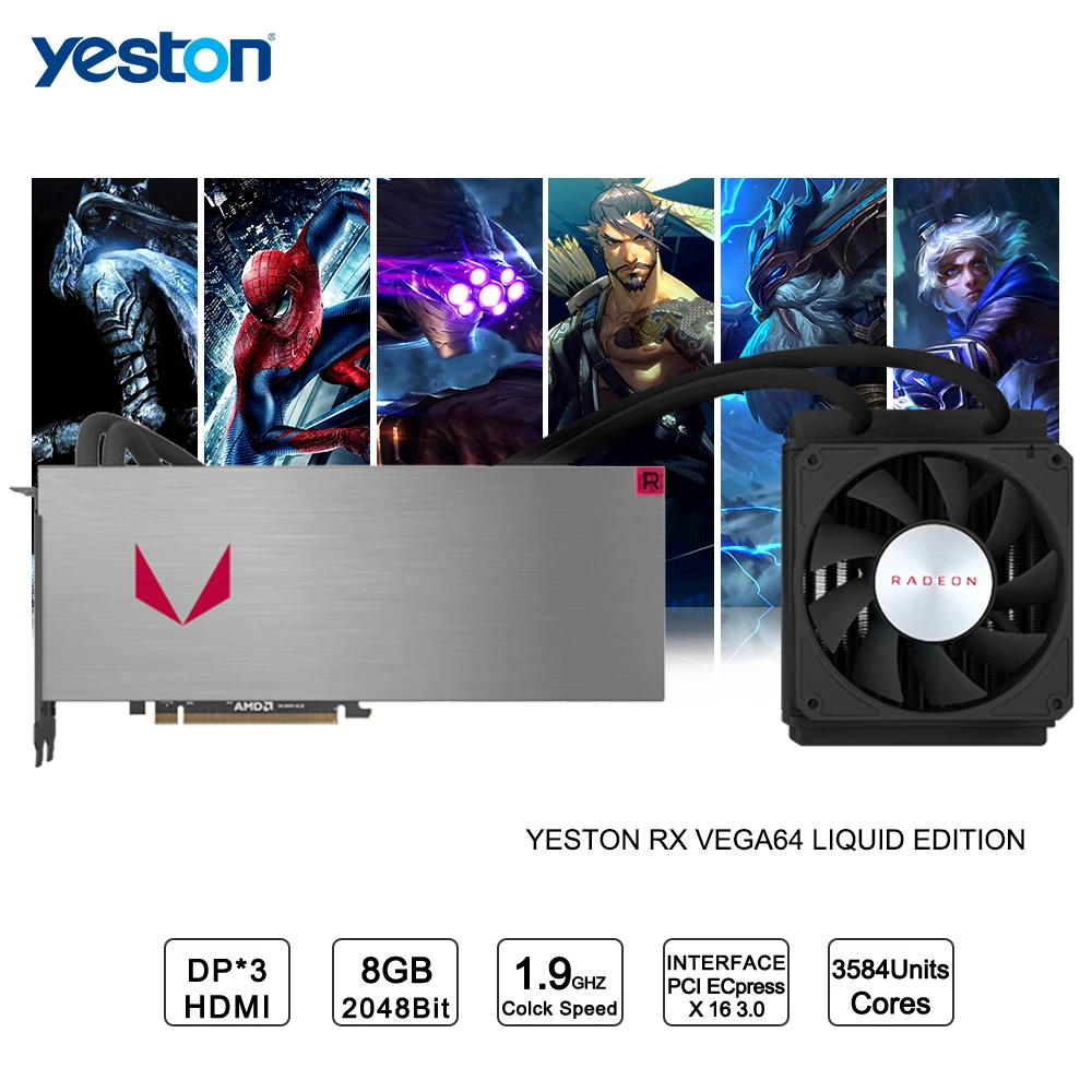 Yeston Radeon RX VEGA 64 Liquid Edition 8GB HBM2 2048 bit Gaming Desktop computer PC Video