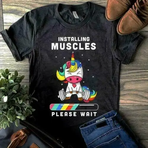 

Unicorn Installing Muscles Please Wait Men Tshirt Black Cotton S 6Xl Made In Usa