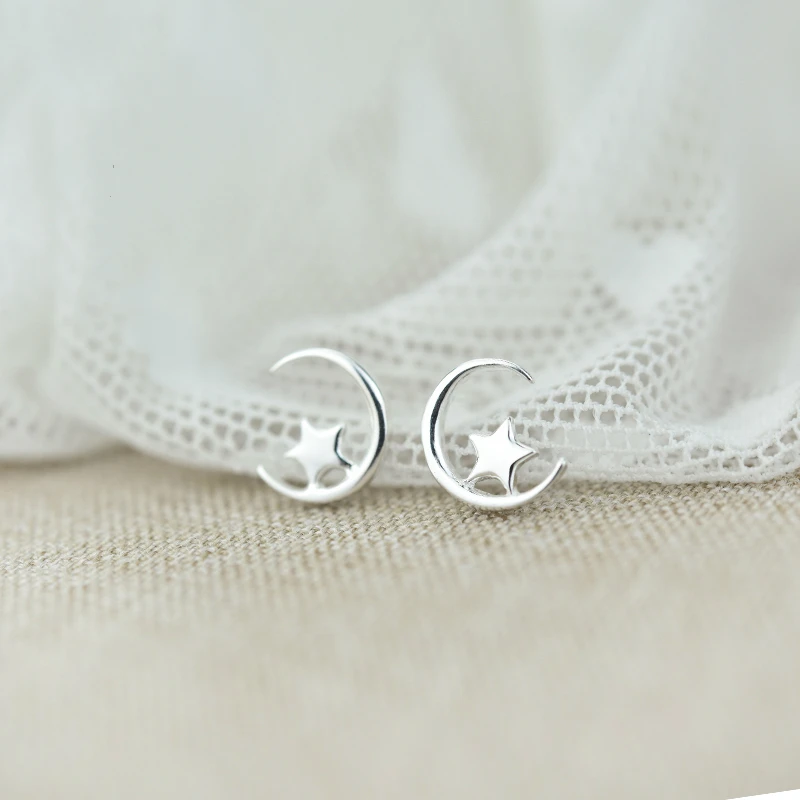 

Simple style Silver Cute Star Moon Stud Earrings 925 geometry Earrings For Women Daughter Girls Fashion Jewelry