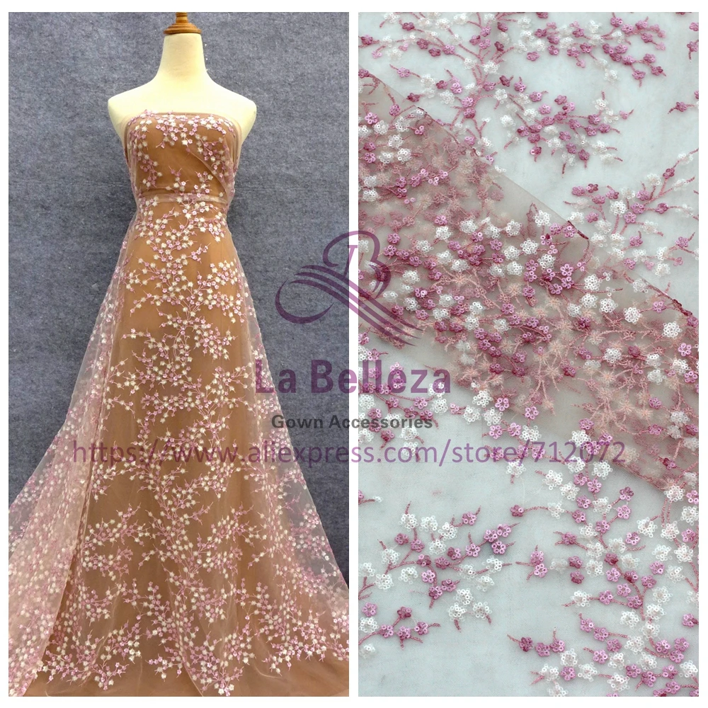 

La Belleza Pink clear sequins on net embroidery lace fabric 1 yard