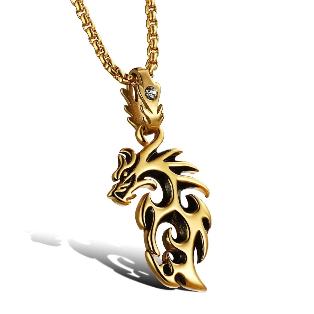 OPK Personality Man Dragon Pendant Necklaces Vintage Silver/Gold Full Steel + CZ Diamond Men Jewelry GX946 | Украшения и