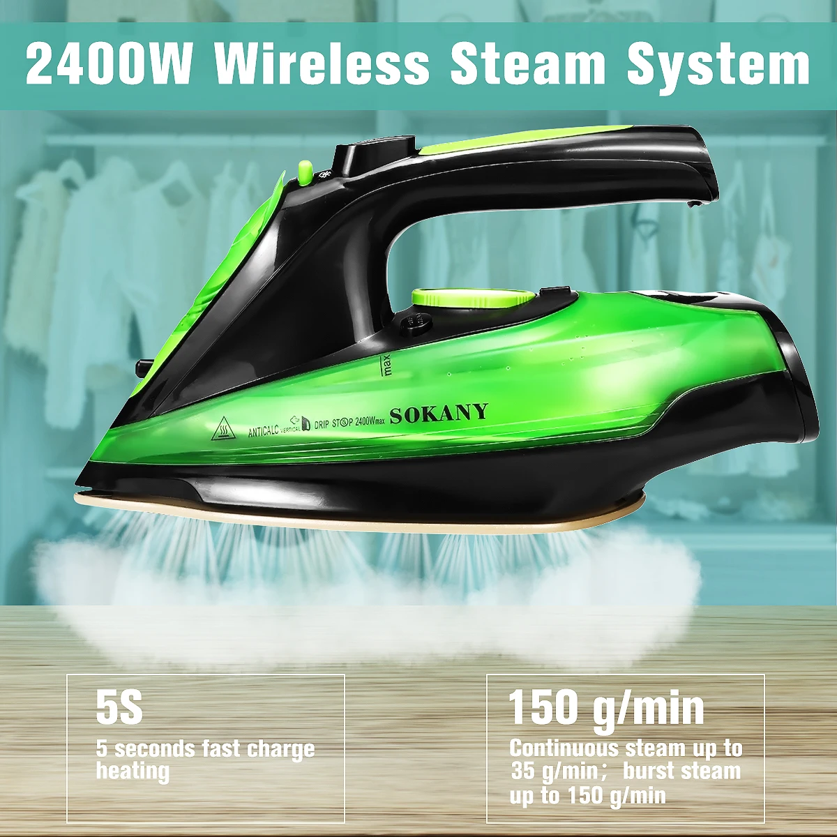 

2400W 5 Speed Adjust Cordless Wireless Charging Portable Steam Iron Clothes Ironing Steamer Portable Ceramic Soleplate EU Plug