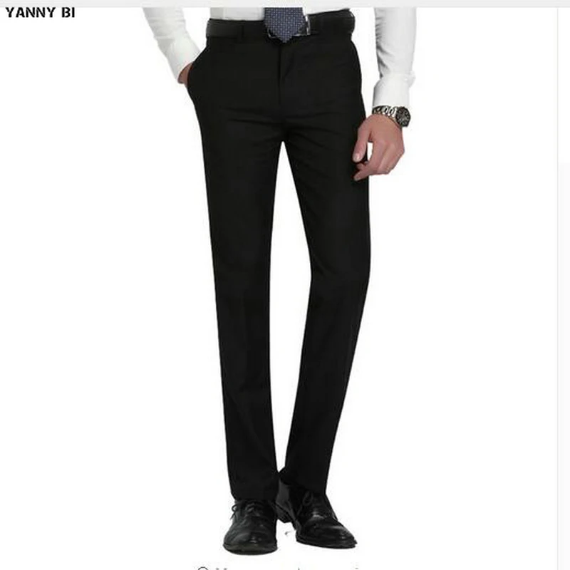 Мужской тонкий костюм с плоской передней частью отдельные брюки формальные свадебные деловые прямые мужские брюки светло-черные тонкие офисные модельные брюки - Цвет: Черный