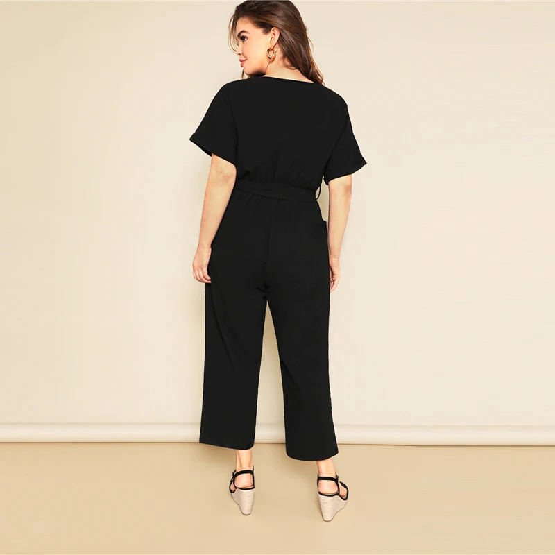 SHEIN Plus Size Button Front Wide Leg Belted Jumpsuit Women Spring Summer Casual V Neck Short Sleeve Longline Jumpsuits