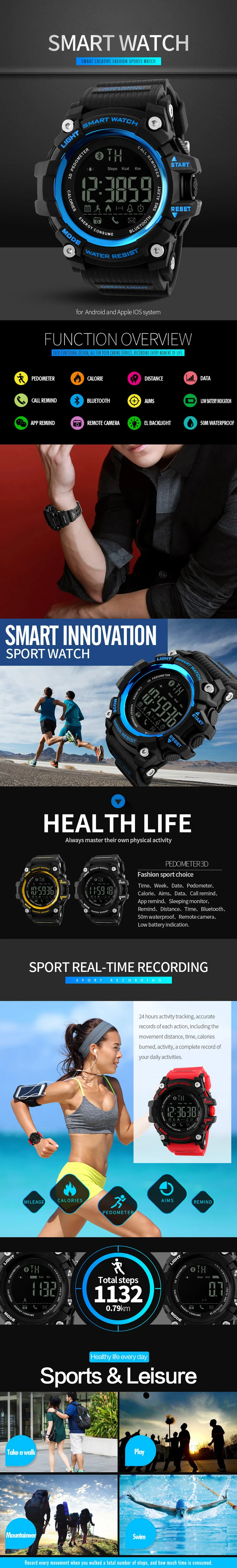 Новые модные мужские спортивные светодиодный кварцевые часы с Bluetooth и будильником, военные многофункциональные водонепроницаемые наручные часы